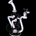 Clear glass water pipe (rig) with pink accents, isolated on a black background.