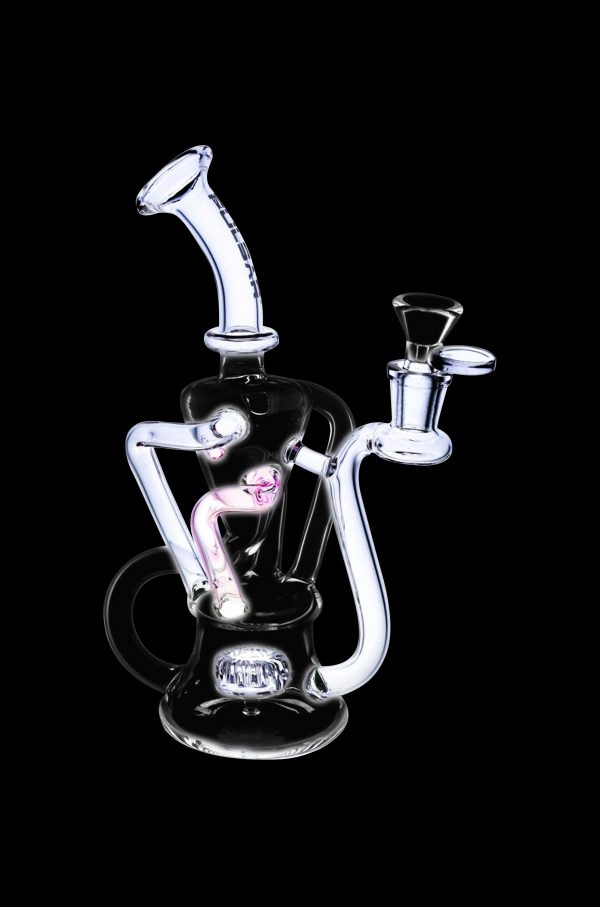 Clear glass water pipe (rig) with pink accents, isolated on a black background.