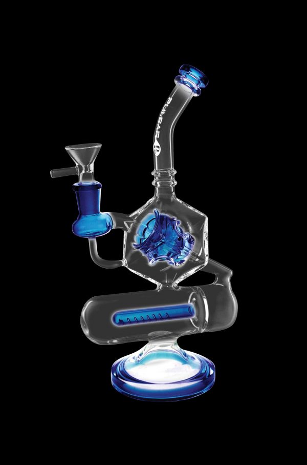 Blue glass water pipe (rig) with intricate sculptural details and a perc filtration system, isolated on a black background.