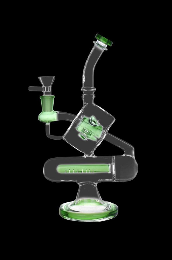 Green glass water pipe with multiple chambers and percolators.