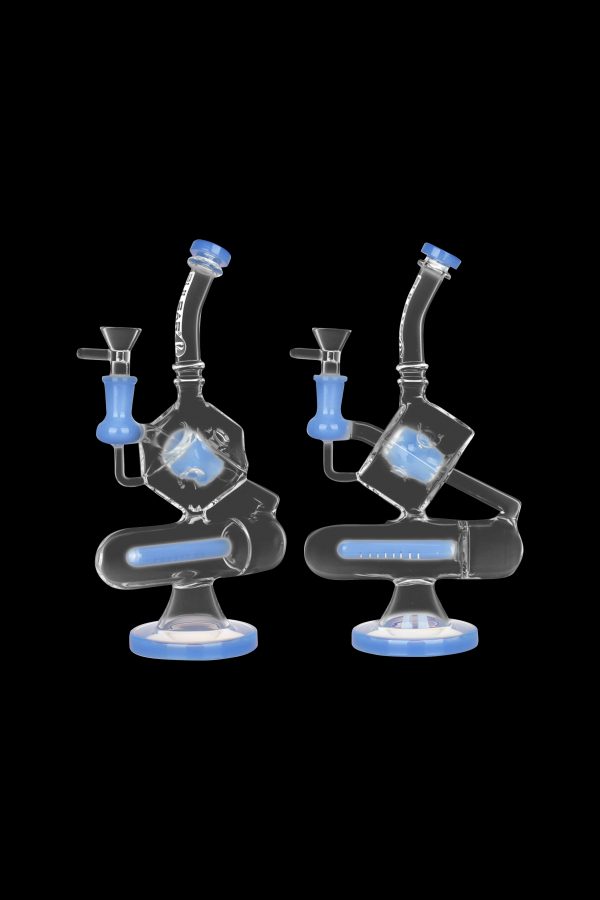 Two glass cannabis water pipes (bongs) with blue accents on a black background.