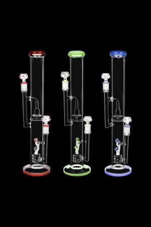 Three glass bongs with colorful accents, isolated on a black background.