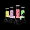 Four colorful glass bongs displayed against a black background.