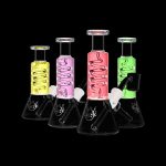Four colorful glass bongs displayed against a black background.
