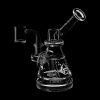 Clear glass dab rig with intricate percolator and mouthpiece, isolated on a black background.