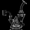 Clear glass dab rig with a quartz banger, isolated on a black background.