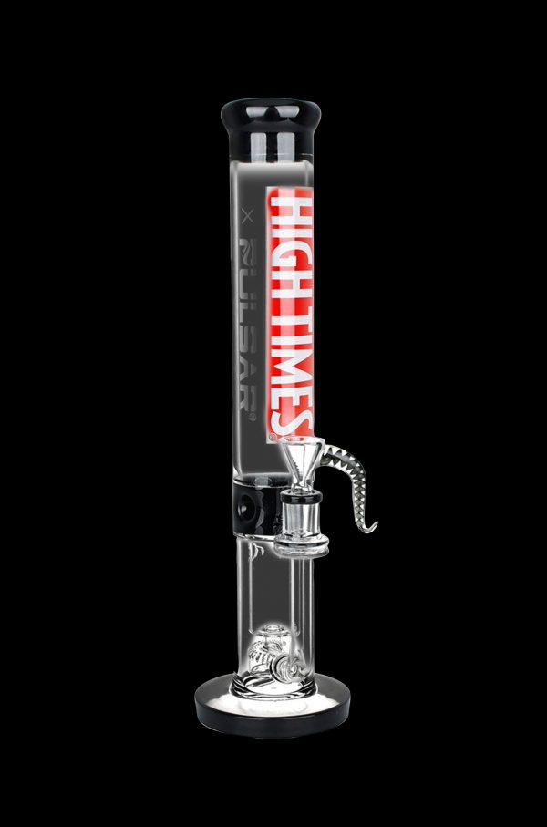 Glass water pipe (bong) with “High Times” branding, featuring percolators and a removable downstem, isolated on a black background.