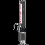 Clear glass bong with intricate percolators and branded lettering, isolated on a black background.