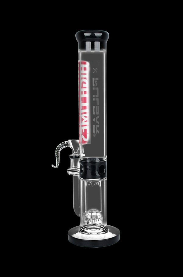 Clear glass bong with intricate percolators and branded lettering, isolated on a black background.