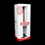 A boxed glass water pipe with a red mouthpiece, branded “High Times x Pulsar” and labeled “Recycler Tube Water Pipe.”