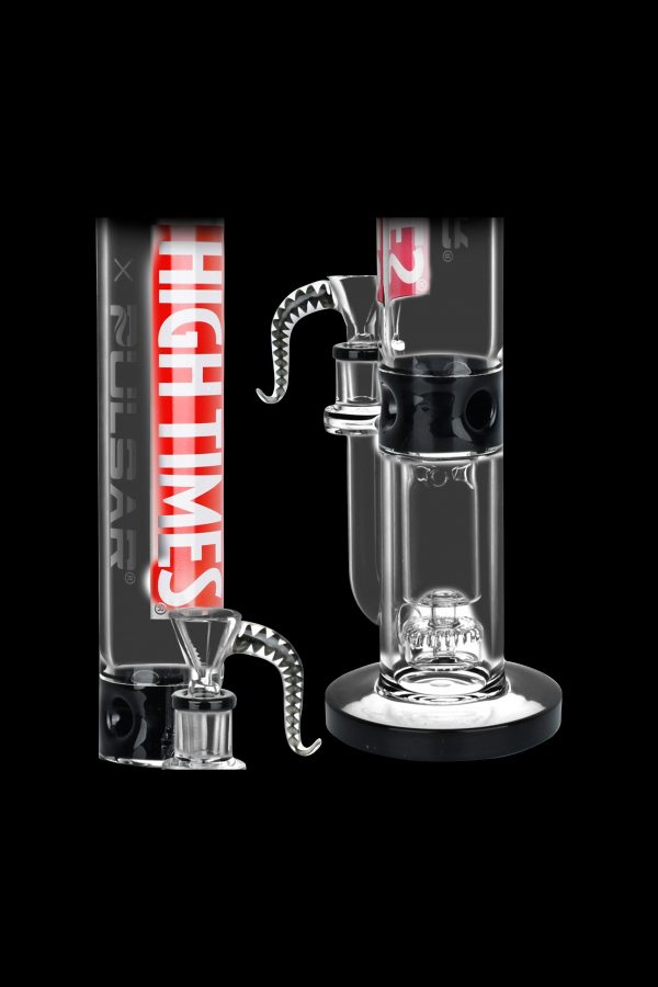 Clear glass water pipe (bong) with intricate design and “High Times” branding, isolated on a black background.