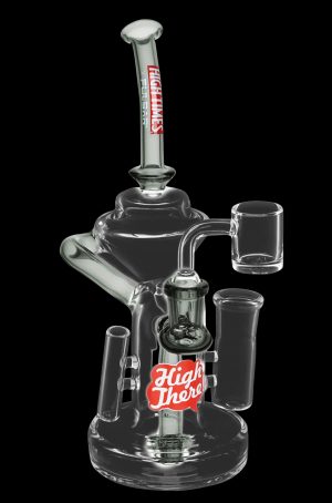 Clear glass water pipe (rig) with a bubbler and quartz nail, branded with “High There” logo.