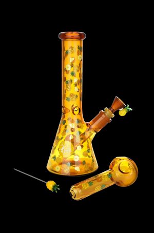 Orange glass bong and pipe decorated with pineapple motifs, displayed on a black background."