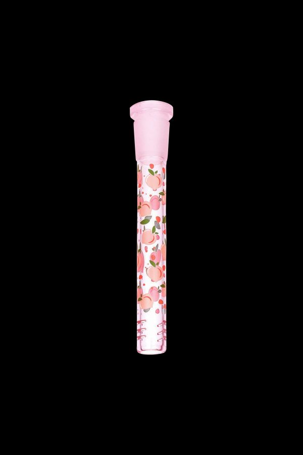 Pink glass cannabis pipe with a peach floral pattern, isolated on a black background.