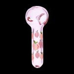 Pink glass pipe with peach pattern against a black background.