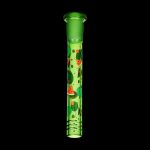 Green glass downstem with watermelon print, isolated on black.