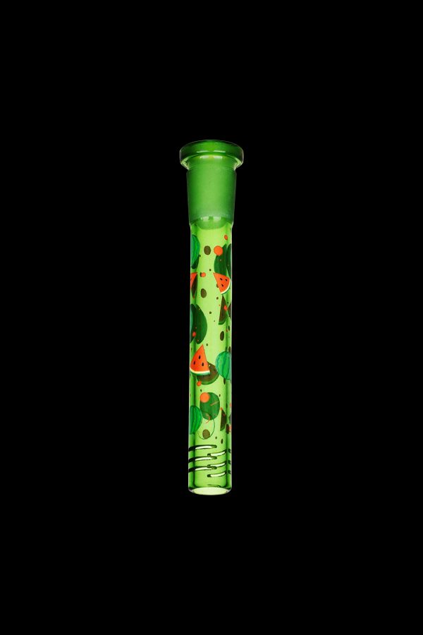 Green glass downstem with watermelon print, isolated on black.