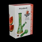Boxed cannabis water pipe kit with a watermelon theme, featuring a glass beaker-style pipe and accessories.
