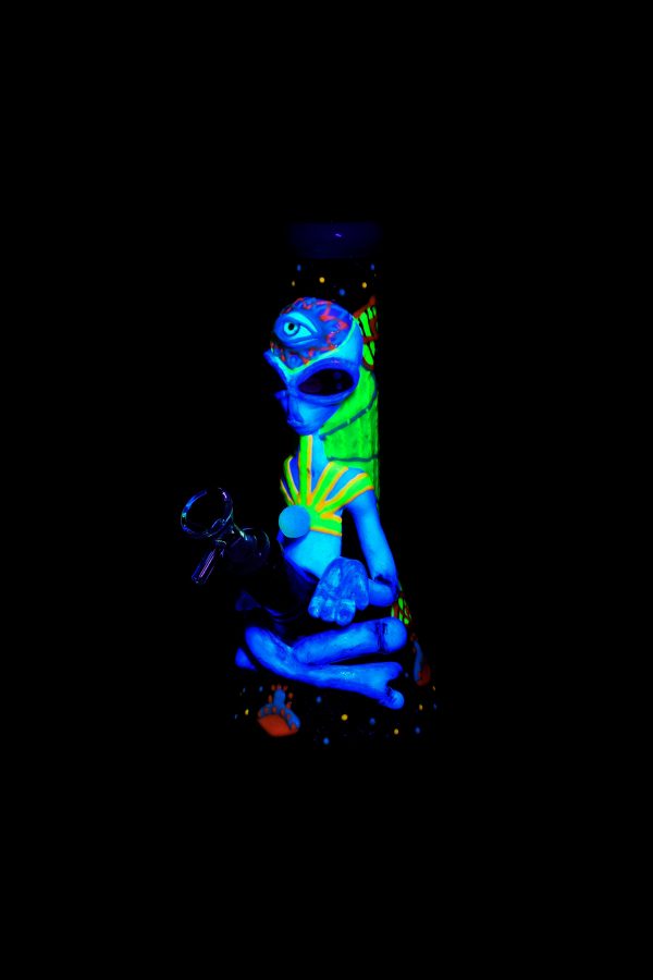 Fluorescent depiction of a mythical creature holding a cannabis bud and smoking tools.