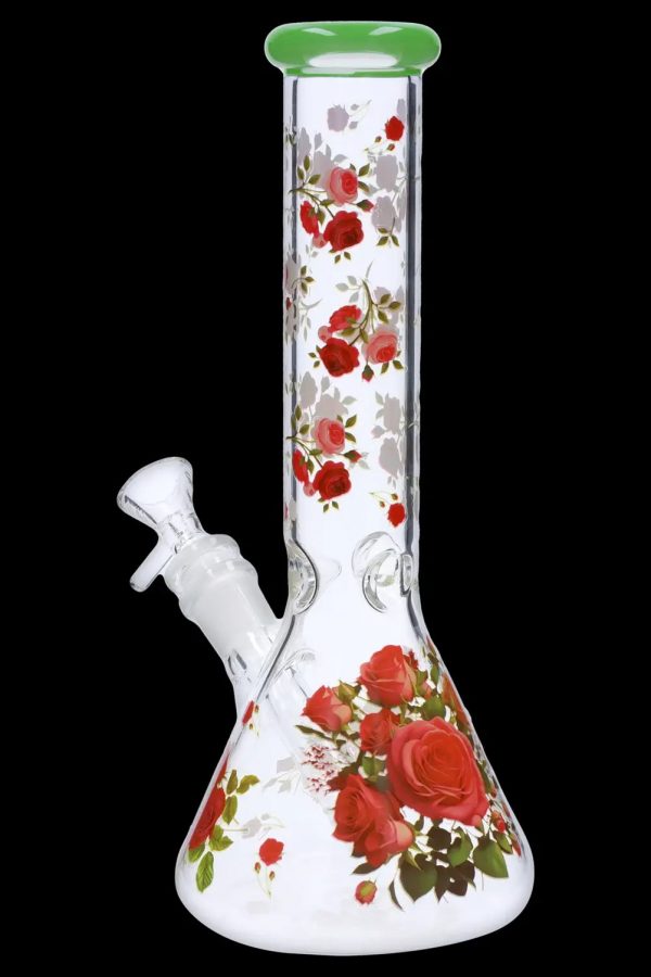 Front view of the 10" Flower Decal Beaker Bong, showcasing a floral design on clear glass.