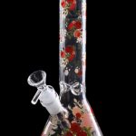 Front view of the 10" Flower Decal Beaker Bong, showcasing a clear glass beaker with a colorful floral design.