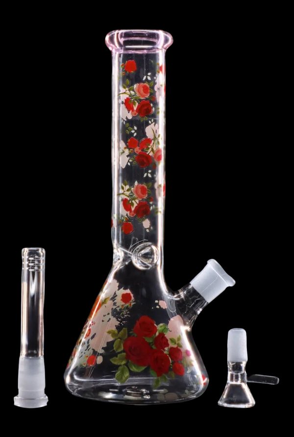 Front view of the 10" Flower Decal Beaker Bong, displaying a floral decal on clear glass with a wide base and narrow neck.