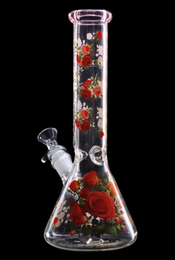 Front view of the 10" Flower Decal Beaker Bong, showing a clear glass piece decorated with colorful flower decals.