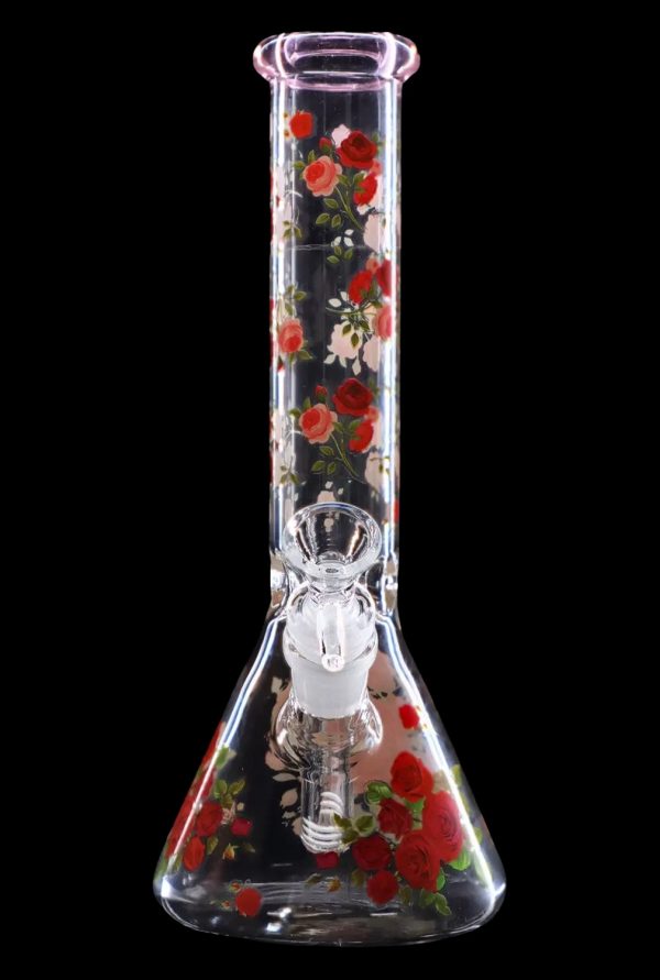 Front view of the 10" Flower Decal Beaker Bong, showcasing a clear glass beaker with a colorful floral decal design.