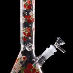 A front view of the 10" Flower Decal Beaker Bong, showcasing a floral decal on clear glass.