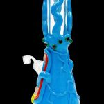 Blue glass water pipe shaped like an octopus with green eyes.