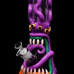 A vibrant, sculpted glass water pipe shaped like a monster with tentacles, teeth, and glowing orange accents, against a black background.