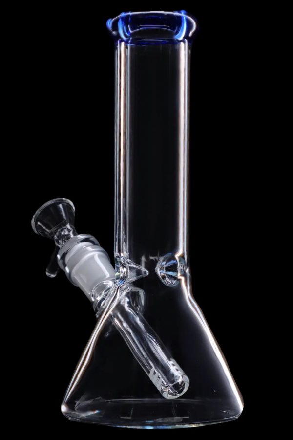 Clear glass bong with blue accents isolated on a black background.