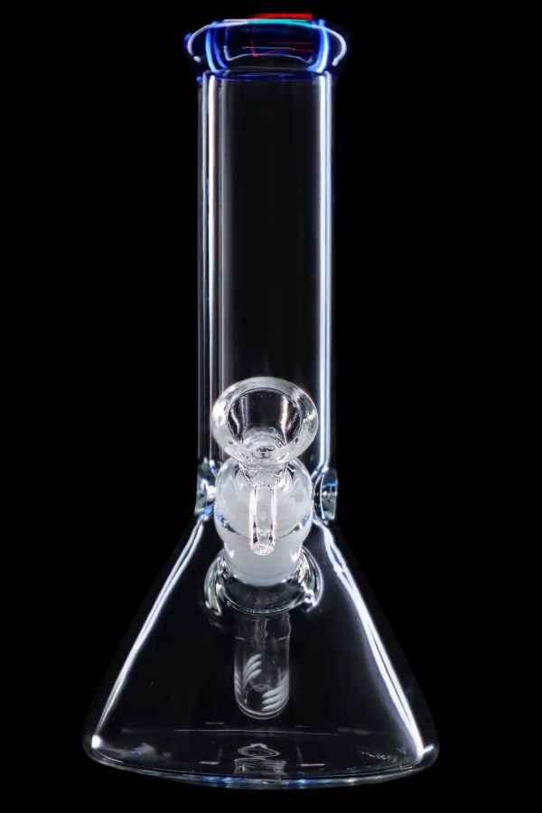 Clear glass bong with blue accents, isolated on a black background.