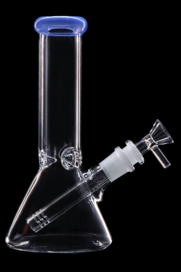 Clear glass bong with blue accents and a removable downstem.