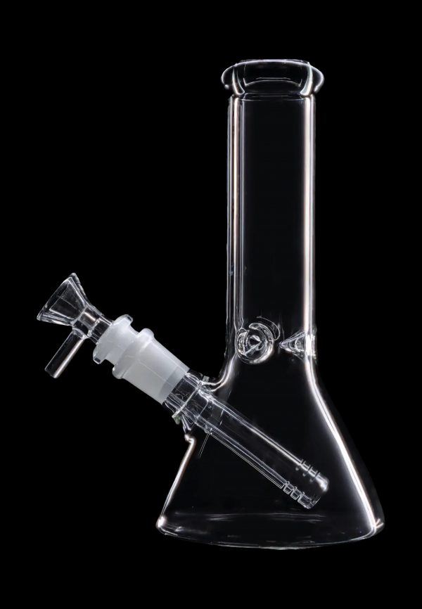 Clear glass bong with removable downstem and bowl against a black background.