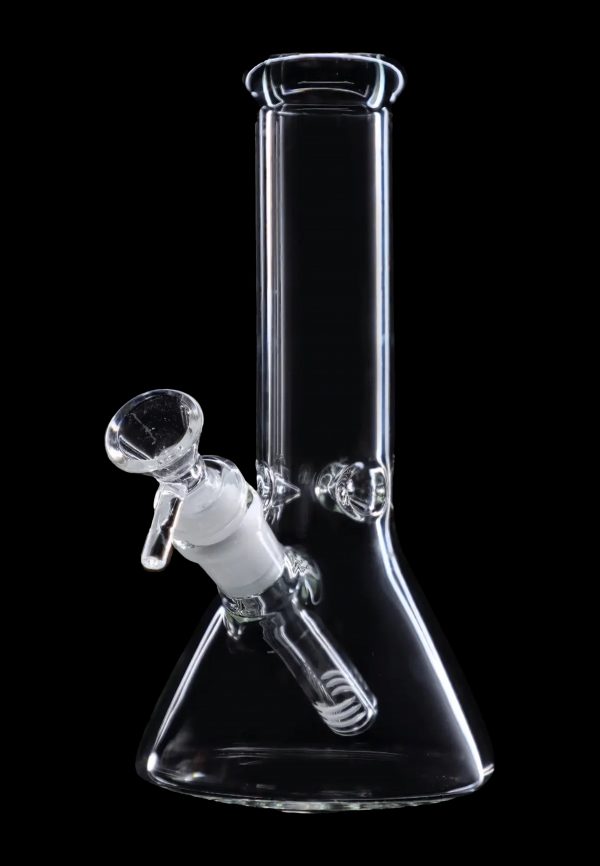 Clear glass bong with percolator, isolated on black.
