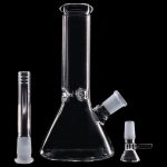 Clear glass bong with downstem and diffuser displayed against a black background.