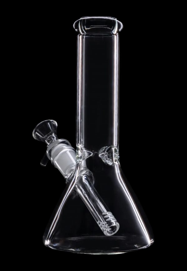Clear glass bong against a black background.