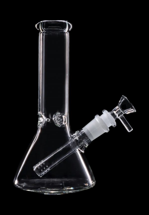 Clear glass bong with a downstem, isolated on a black background.