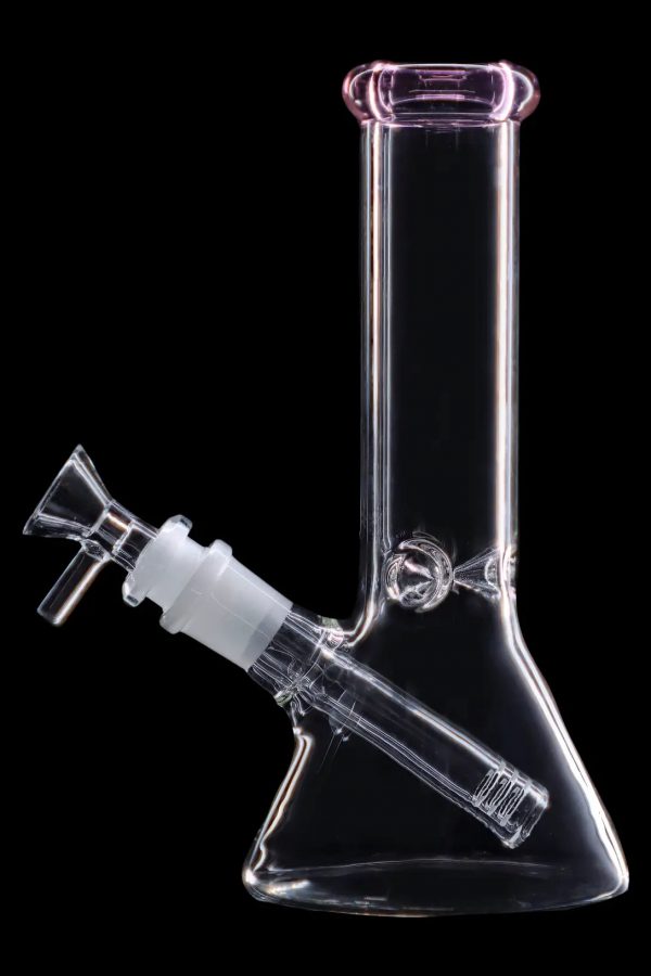 Clear glass bong with a flared base and angled neck, isolated on a black background.