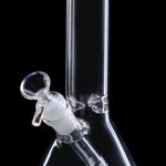 Clear glass bong with ice catcher, isolated on black.