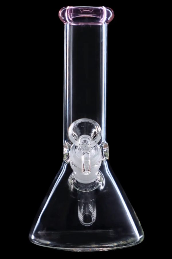 Clear glass bong with intricate bubble perc filter, isolated on black.