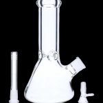 Glass bong with downstem and bowl piece.