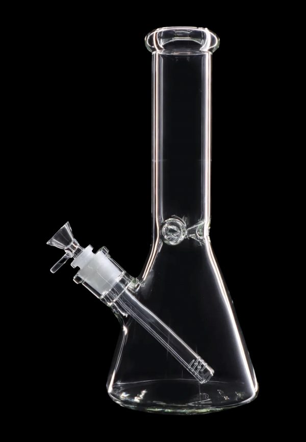 Clear glass bong with ice catcher, isolated on black.