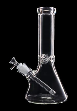 Clear glass bong with ice catcher, isolated on black.