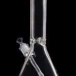 Clear glass bong with a flared base and angled neck, isolated on a black background.