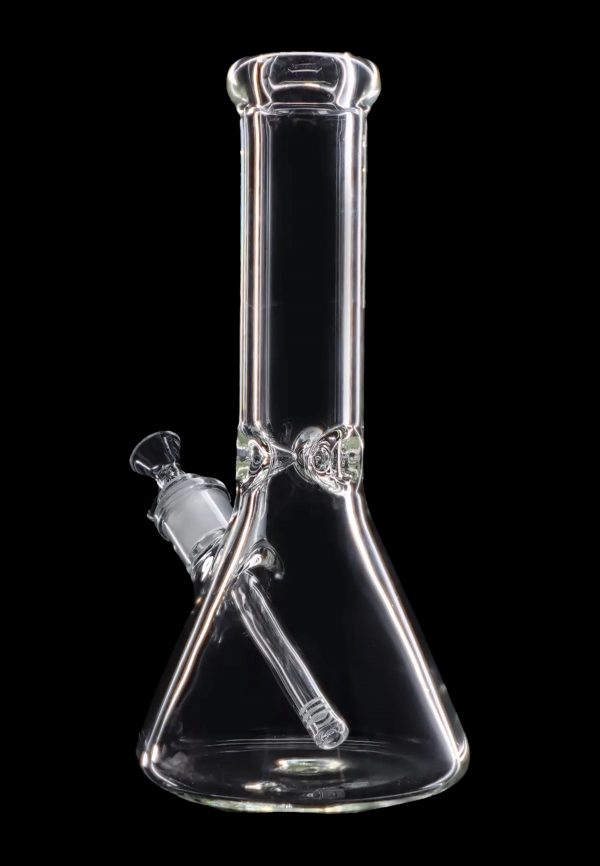 Clear glass bong with a flared base and angled neck, isolated on a black background.