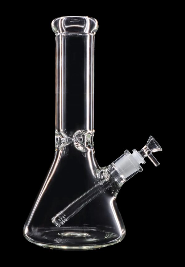 Clear glass bong with a downstem, isolated on a black background.