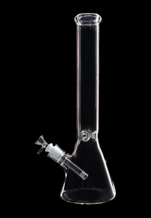 Clear glass bong with ice catcher, isolated on black.