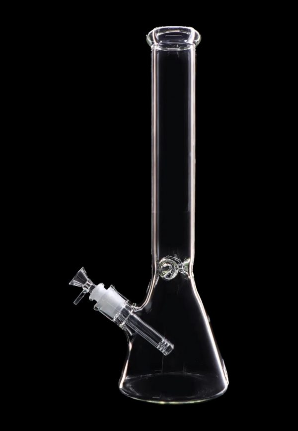 Clear glass bong with ice catcher, isolated on black.